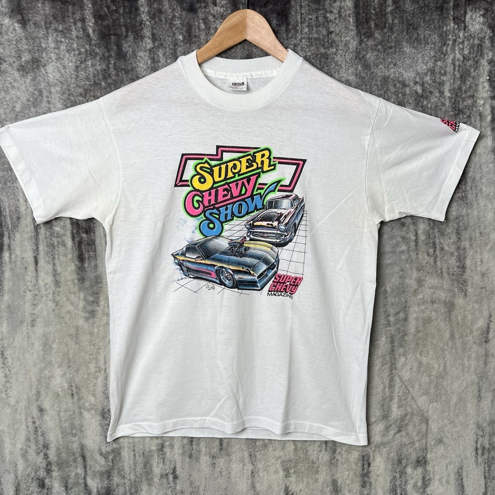 Vintage 80's Super Chevy Sunday Magazine White Shirt Size Large Single Stitch